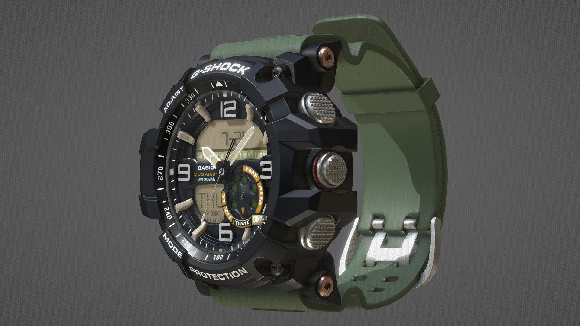 Find the final result and more renders on my Artstation: https://www.artstation.com/artwork/ZagL6X

This 3D model of G-SHOCK GG-1000-1a3 is one of the primary elements in my latest project, which I made in Blender. The textures are 4k and initially made in Substance Painter.

Check out my Twitter account for downloading 4K outputs and my future projects: https://twitter.com/EchoEmerano - G-Shock GG-1000-1a3 watch highpoly model - 3D model by Echo Emerano (@Emerano) 3d model