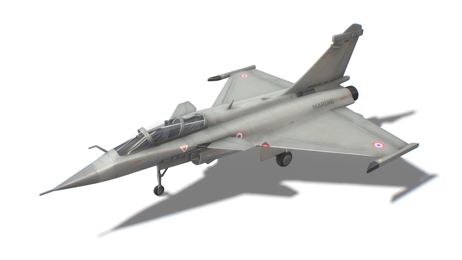 The model looks like a Rafale. All parts of the model were made in full accordance with the original. Each dynamical part is separated and has correct pivot points, that allow easy animation and use in games. 

Advanced information:
- single material for whole mesh;
- set of 4K PBR textures;
- set of 4K Unreal PBR textures;
- set of 4K Unity PBR textures;
- set of 4K CryEngine PBR textures;
- FBX, DAE, ABC, OBJ and X3D file formats;
- 4 level of details;

Mesh details:
LOD0 - 10914
LOD1 - 5457
LOD2 - 2728
LOD3 - 299 - Rafale Jet Fighter Aircraft - 3D model by FreakGames 3d model