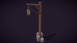 Stylized Wooden Lamp With Rocks lamp, wooden, medieval, rope, props, ue4, stylized, fantasy, light, ue5