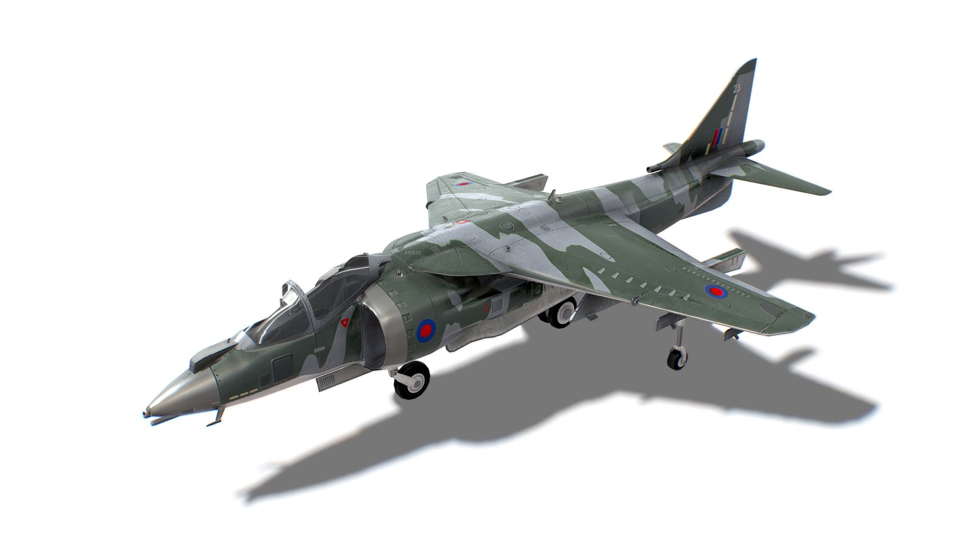The model looks like a Harrier II. All parts of the model were made in full accordance with the original. Each dynamical part is separated and has correct pivot points, that allow easy animation and use in games. 

Advanced information:
- single material for whole mesh;
- set of 4K PBR textures;
- set of 4K Unreal PBR textures;
- set of 4K Unity PBR textures;
- set of 4K CryEngine PBR textures;
- FBX, DAE, ABC, OBJ and X3D file formats;
- 4 level of details;

Mesh details:
LOD0 - 10951
LOD1 - 5474
LOD2 - 2737
LOD3 - 300 - Harrier II Jet Fighter Aircraft - 3D model by FreakGames 3d model