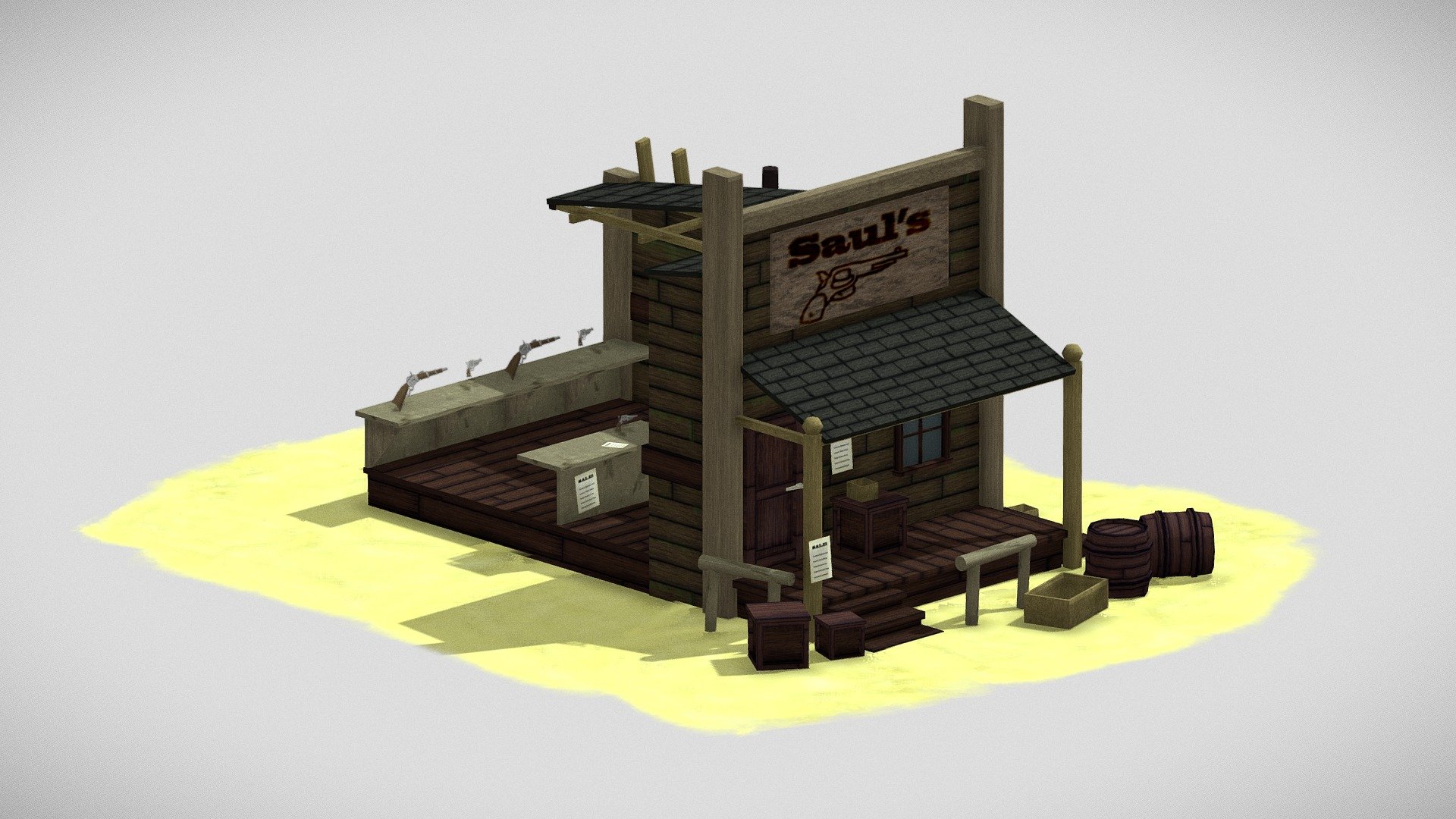 Wild West Gun shop created in Maya - Saul's Flat Shooters - 3D model by Marphic 3d model