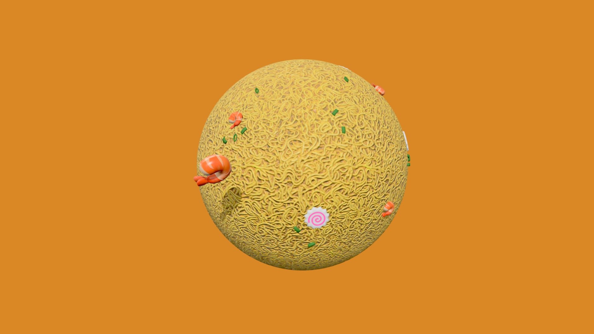A world made of ramen with fish cakes, shrimp, and green onions. Shrimp are animated to jump through ramen 3d model