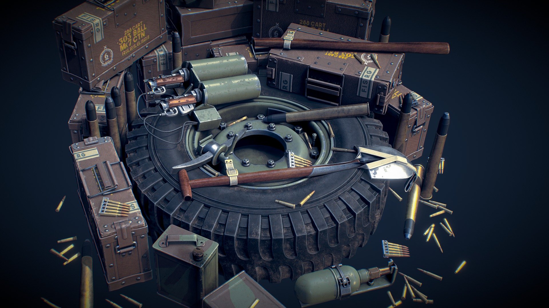 Rendered some props to a plane to do some look dev on them - Ammo Boxes WW2 - 3D model by jimmyq 3d model