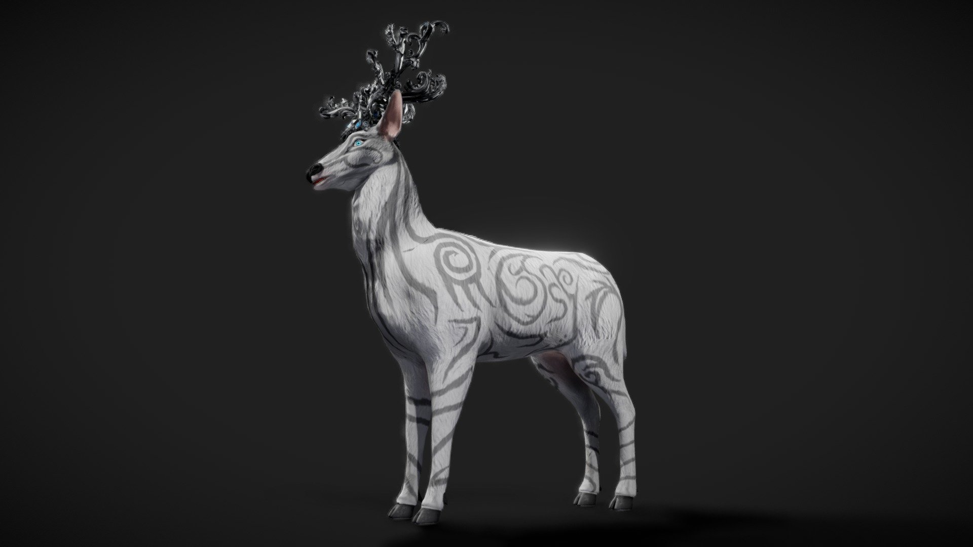 Fantasy Golden Deer A high-quality 3D fantasy deer model with 3 texture variations, a large set of animations and a detailed skeleton (just watch the video preview!). The model is already configured for Unity and Unreal Engine.

Included: Golden Deer mesh - 18619 verts

3 sets of textures: White Black White with black ornate

Animations:




Idle

Idle2

Attack1

Attack2

Death1

Death2

Eat

Sleep

Fall

GetDamage1

GetDamage2

Walk

WalkRight

WalkLeft

Run

RunAttack

SwimIdle

SwimForward

Each texture set includes: Base color, Roughness, Metallic, Normal map 4096x4096 resolution The model uses 4 materials, skin, eye, eye glass, eyelashes. This way you can adjust the eye color and adjust the glare/distortion of the eyes in any engines 3d model