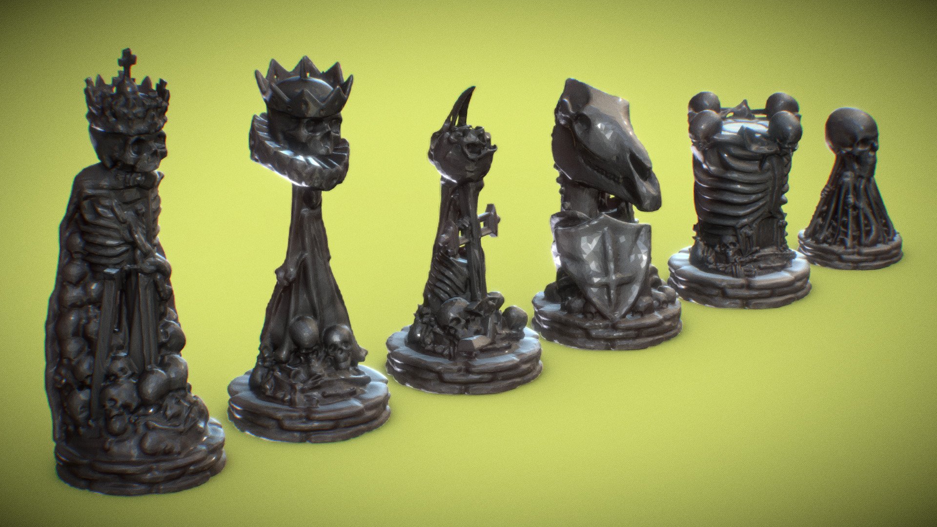 Complete Skull Chess Set, modelled mainly for 3D printing. Included FBX, OBJ and STL formats. No materials included 3d model