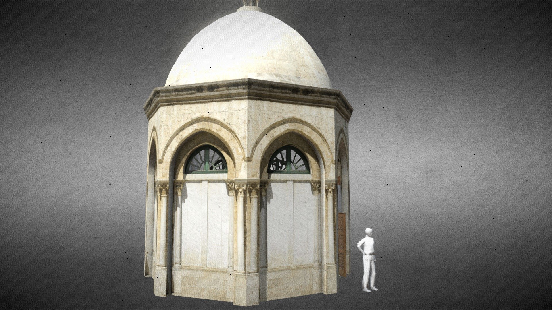 Download includes source files in SKP and KMZ formats.

View floorplans and elevations of structure.

The Dome of the Ascension (Arabic: قبة المعراج‎ Qubbat al-Miraj; Hebrew: כִּיפָּת הַעֲלִיָּיה‬ Kippat Ha'Aliyah) is a small, free-standing domed structure built by Crusaders that stands just north the Dome of the Rock on the Temple Mount in Jerusalem.

Although called &ldquo;Dome of the Ascension
