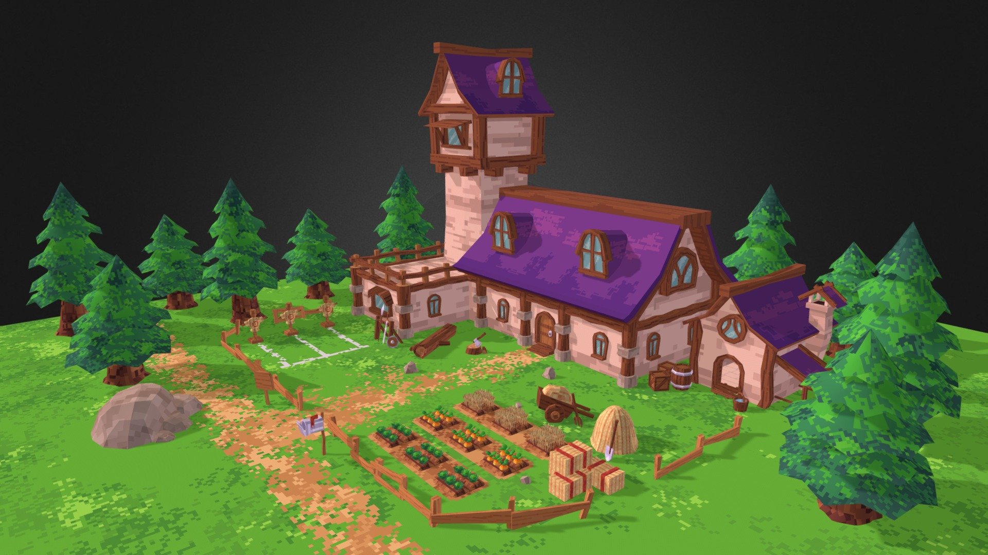 Farm house with combat training area. 
Experiementing with blender pixel-art. 
Planning to use this as base for a hero management game I am developing.

Unity scene screenshot: https://twitter.com/cupkekgames/status/1608320691723702273 - Medieval Farm House - 3D model by Lix3nn 3d model