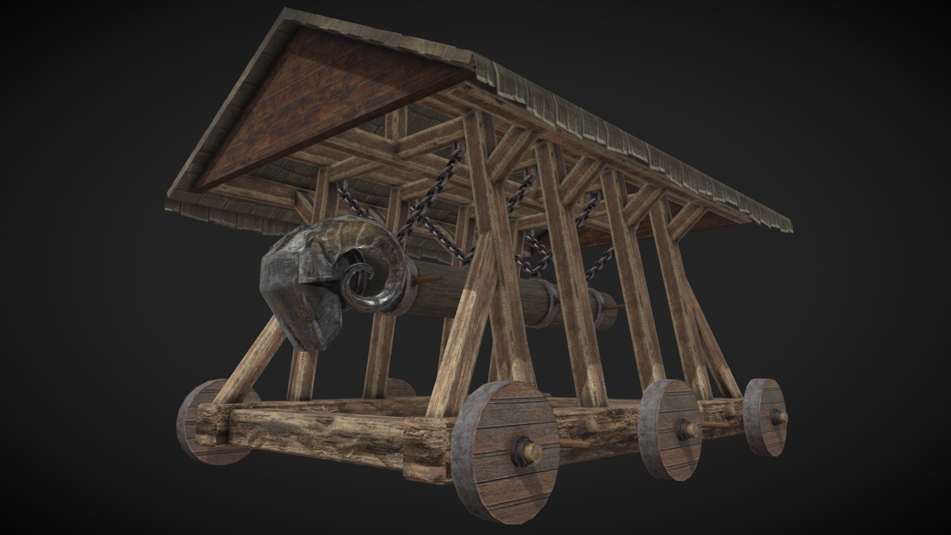 Medieval ram 3D model with a low poly mesh. The model is suitable for games, scenes and rendering. The model can be animated, all moving parts are separate. There are 2 textures on the ram and on the wheels in the file 3d model
