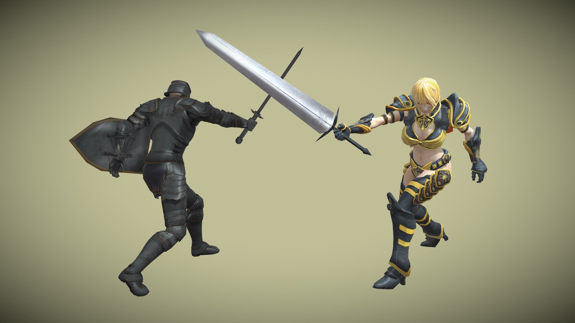 A knight in a suit of armour and a female battle character with a broad sword swing at each other in this looping animation at 30 frames per second.

See this 3D model in action, and more models like it, here in this collection of free augmeneted reality apps:

https://morpheusar.com/ - Animated Knight vs. Broad Sword Fight - 3D model by LasquetiSpice 3d model