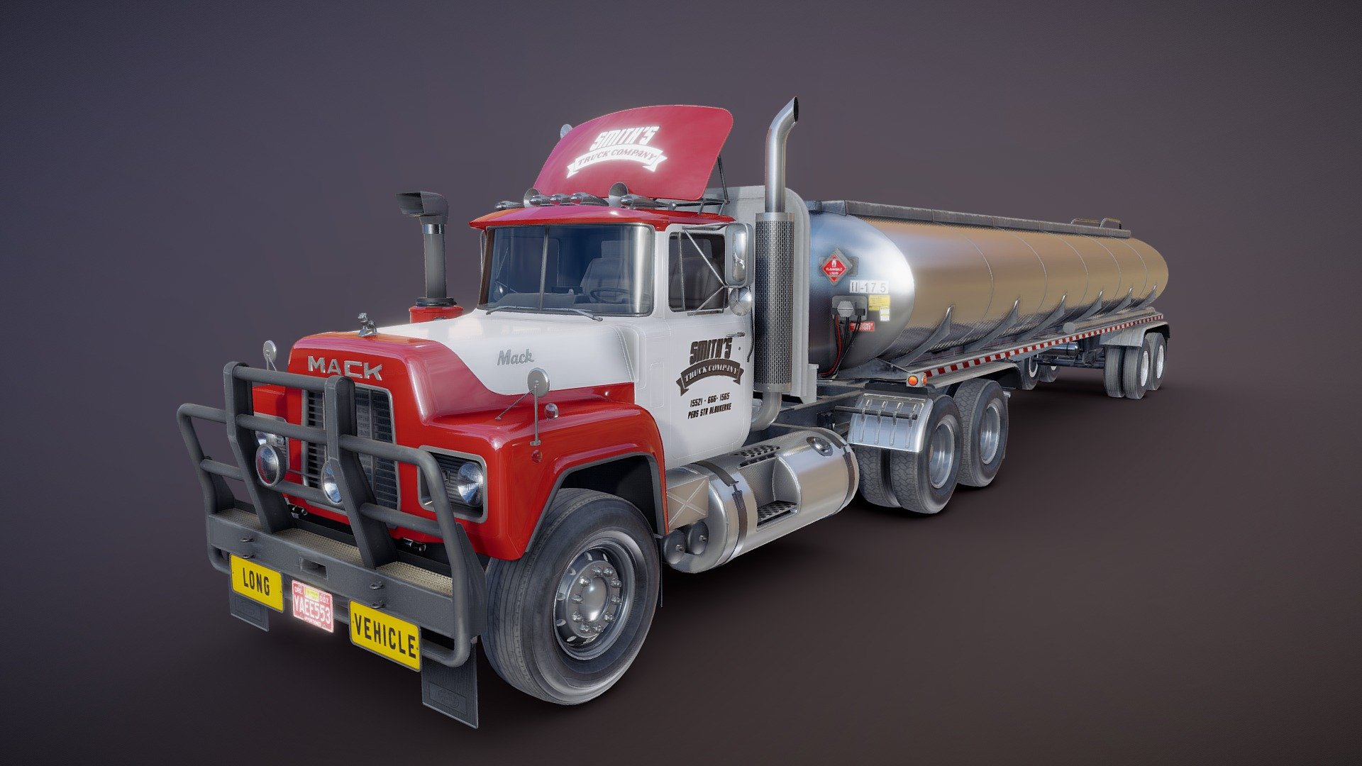 Vintage american tanker truck game ready model.

Full textured model with clean topology.

High accuracy exterior model.

Steering wheel and shifter stick are separeted meshes.

High detailed cabin - seams, rivets, chrome parts, wipers and etc.

High detailed rear air suspension with axles and other parts.

Different tires for rear and front wheels.

Different wheels for rig and trailer.

Emblems are separated models with texture.

High detailed rims and tires, with PBR maps(Base_Color/Metallic/Normal/Roughness.png2048x2048 )

Additional color schemes for cabin red, yellow, blue, brown.

Model ready for real-time apps, games, virtual reality and augmented reality.

Asset looks accuracy and realistic and become a good part of your project 3d model