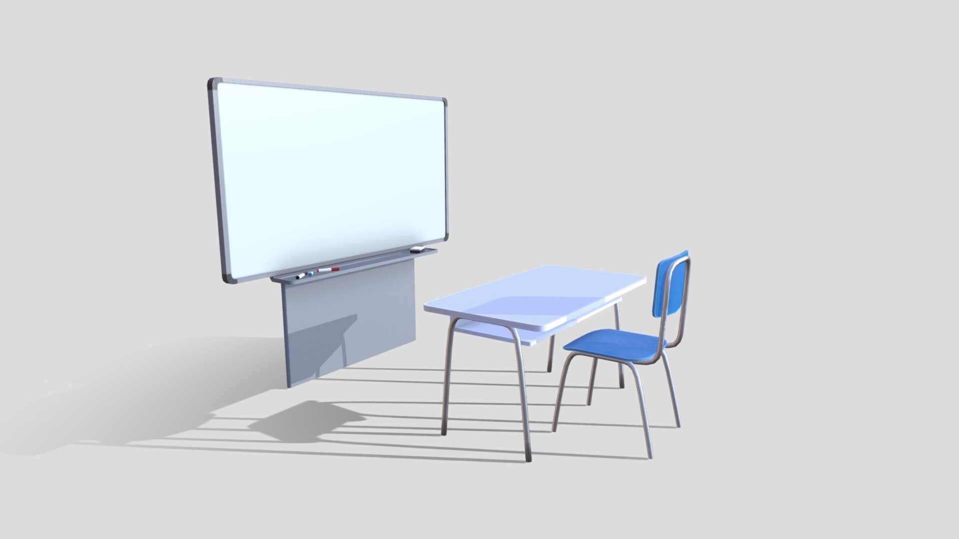 A furniture bundle for a school or work setting with a typical plastic chair, desk and white board.

Models:

Plastic Chair + Textures 
Plastic/White Desk + Textures
White Board + Texture
White Board Props: White Board Pens and a Sponge (Model + Texture)

Check out our bundles on certain settings, we’ve got more models to offer 3d model