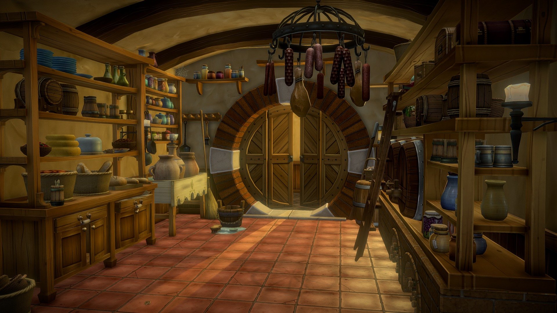 Bilbo's Pantry is inspired by the Bag End Pantry concept created by the amazing John Howe. That concept, along with the Lord of the Rings and Hobbit movies, motivated me to create this scene. I wanted to get back to some stylized, hand painted textures and created this scene with that goal in mind. The pantry scene is low poly and utilizes diffuse and specular maps only.
Tolkien's works have been a big part of my life and I really enjoyed working on this piece. I hope to expand on it in the future and build more of Bag End. 
* You can also purchase this asset on my new Whiz-Bang Digital Workshop Unity Store.
* And if you would like to see more of my work, please head over to my site (http://whizbangdw.com/) Thanks! - Bilbo's Bag End Pantry - 3D model by WhizBangDW 3d model