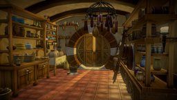 Bilbos Bag End Pantry bucket, fanart, medieval, pottery, props, hobbit, broom, low-poly-game-assets, stylized-environment, medievalfantasyscene, lowpoly, hand-painted, stylized, fantasy, interior