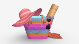 Color striped beach bag with straw hat modern, fashion, bag, brown, summer, towel, sun, accessory, glasses, beach, woman, shoulder, handbag, straw, mat, 3d, pbr, female, lady