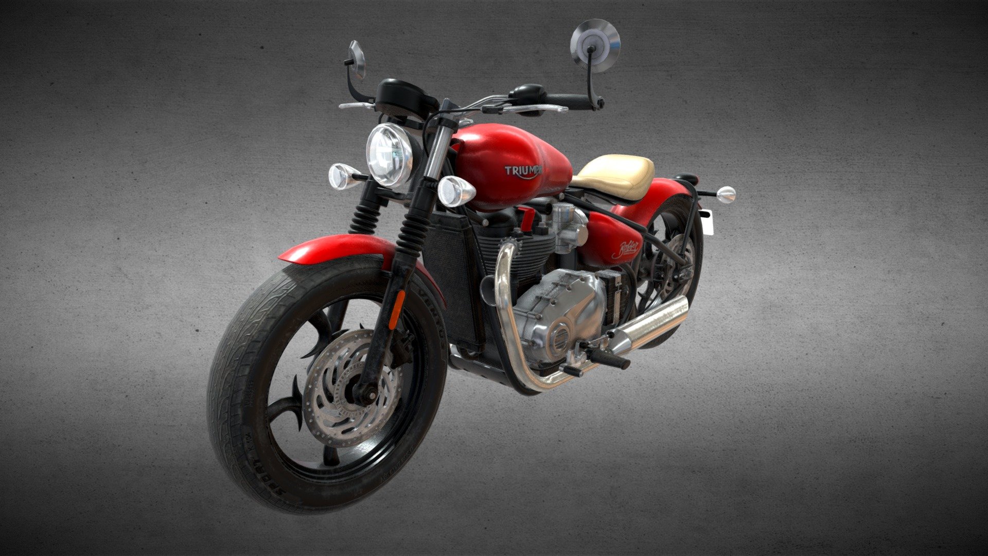 This is the model of Triumph Bonneville Bobber 2017, a bobber-style cruiser motorcycle.

The model has a clean topology and a premium look to enhance detail and add realism to any scene or project.

The model was created in Maya 2014 and is also available in max, fbx and obj formats for importing into any software or game engine.

UVs are fully unwrapped and non overlapping. The textures have been created inside Substance Painter and support PBR rendering. There are five types of textures - Diffuse, Occlusion, Normal, Metallic and Roughness.

File Details

Clean topology, optimized geometry

Clean heirarchy with logical naming and easy to use grouping

Unit is set to centimeter (cm). Real-world scale.

UVs unwrapped, non-overlapping

PBR support

Formats available: .ma, .mb, .obj, .fbx, .max

Tris count:  224410

Texture format: 4096x4096 PNG

Texture types: Diffuse, Normal, Occlusion, Metallic, Roughness

Hope you like the model!




Digital Agents Interactive Pvt Ltd
 - Triumph Bonneville Bobber 2017 - 3D model by Digital Agents Interactive Pvt Ltd (@DigitalAgents) 3d model