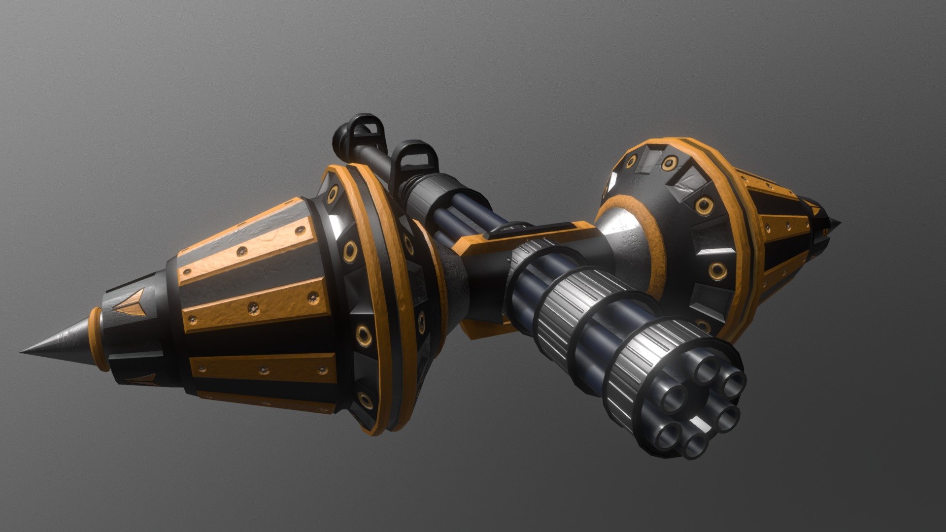 With a polycount range of 4000-6000, the purpose of this project was to create a weapon that incorporated both a melee and a ranged attack function. The weapon I have created is a sci-fi fusion of a Gatling gun and an oversized, two-handed hammer. I wanted to create a weapon that felt weighty and intimidating. The textures include artificial materials to give it a futuristic look, with some more traditional metal on the gun barrel sections.

Modeled in Maya and textured in Subtance Painter - Gatling Hammer - 3D model by Andrew Adams (@amadams1) 3d model