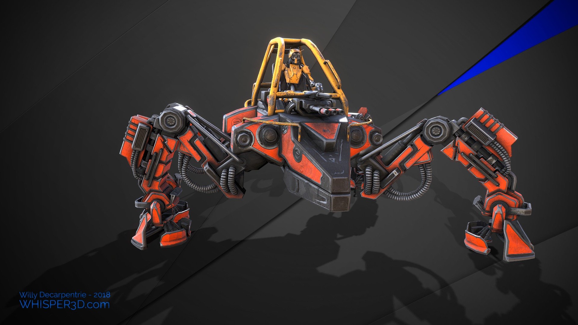 Last piece of the orange mech army.
See the pilot in detail here 
https://skfb.ly/KBnH

This model is featured in the official Sketchfab VR app: - Quadmech scout - Buy Royalty Free 3D model by Willy Decarpentrie (@skudgee) 3d model