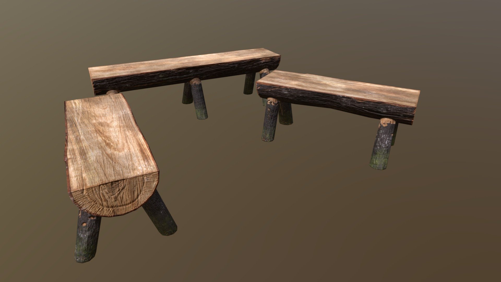 Log Made Wood Benches 3D Model. This model contains the Log Made Wood Benches itself 

All modeled in Maya, textured with Substance Painter.

The model was built to scale and is UV unwrapped properly. Contains only ONE texture set.

⦁   2516 tris. 

⦁   Contains: .FBX .OBJ and .DAE

⦁   Model has clean topology. No Ngons.

⦁   Built to scale

⦁   Unwrapped UV Map

⦁   4K Texture set

⦁   High quality details

⦁   Based on real life references

⦁   Renders done in Marmoset Toolbag

Polycount: 

Verts 1292

Edges 2701

Faces 1443

Tris 2516

If you have any questions please feel free to ask me 3d model