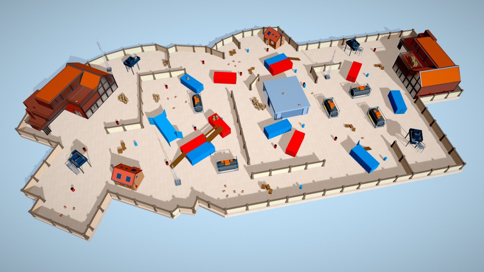 This TDM map area includes very useful assets which can be used for FPS games. 
It includes various things like Boileras, Weapons, Guns, Drums, Barrels, Wooden Boxes, Ware House, garages, Containers, Chemical barrels, Explosive TNT Boxes, etc with very nice wall boundaries. 
All the models are low-poly models and were originally modeled in Blender. 
The original Zip File includes the following file formats: Obj, Glb, and Blend. 

Enjoy this environment map pack for your various usages like showcasing the area, Various games, Rendering, or whatever you want. 
Leave valuable feedback in the comments section below. Thank you 3d model