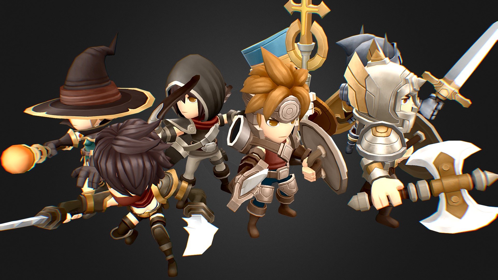 Supported Unity versions 2018.4.8 or higher

Swordsman / Warrior / Mage / Archer / Knight / Assassin / Priest

Each character own 3 colors textures ( 2048x2048 PNG )

Animation preview

Each character own 11 basic animations

Idle / Walk / Run / Attack x2 / Damage x2 / Jump / Stunned / Die / GetUp - Hero Series - Adventurers - 3D model by Downrain DC (@downraindc3d) 3d model
