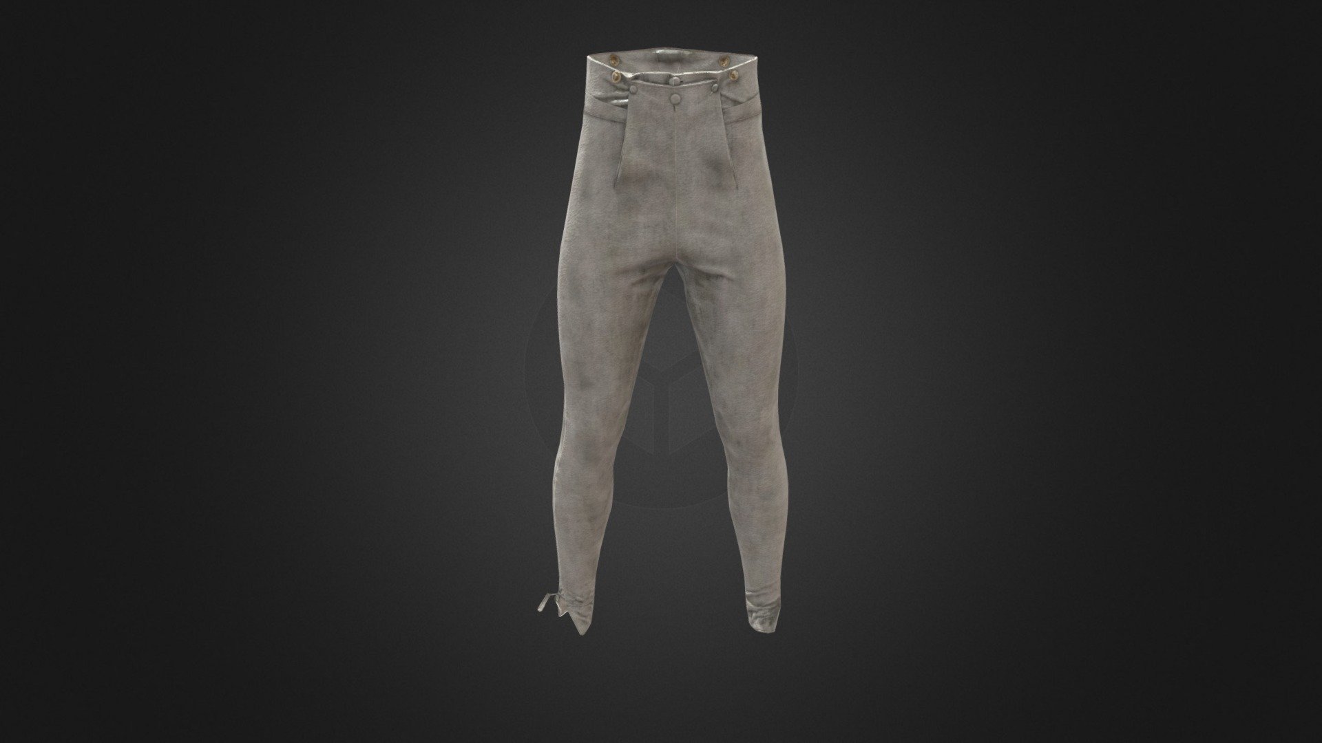 Historically accurate early 19th century lambskin pantaloons in an A-pose. These pantaloons fit tight around the legs so they can be tucked into boots and feature a half-fall front closure and brass suspender buttons. This specific pair is modeled after an extant pair of a First Empire rifle officer's uniform 3d model