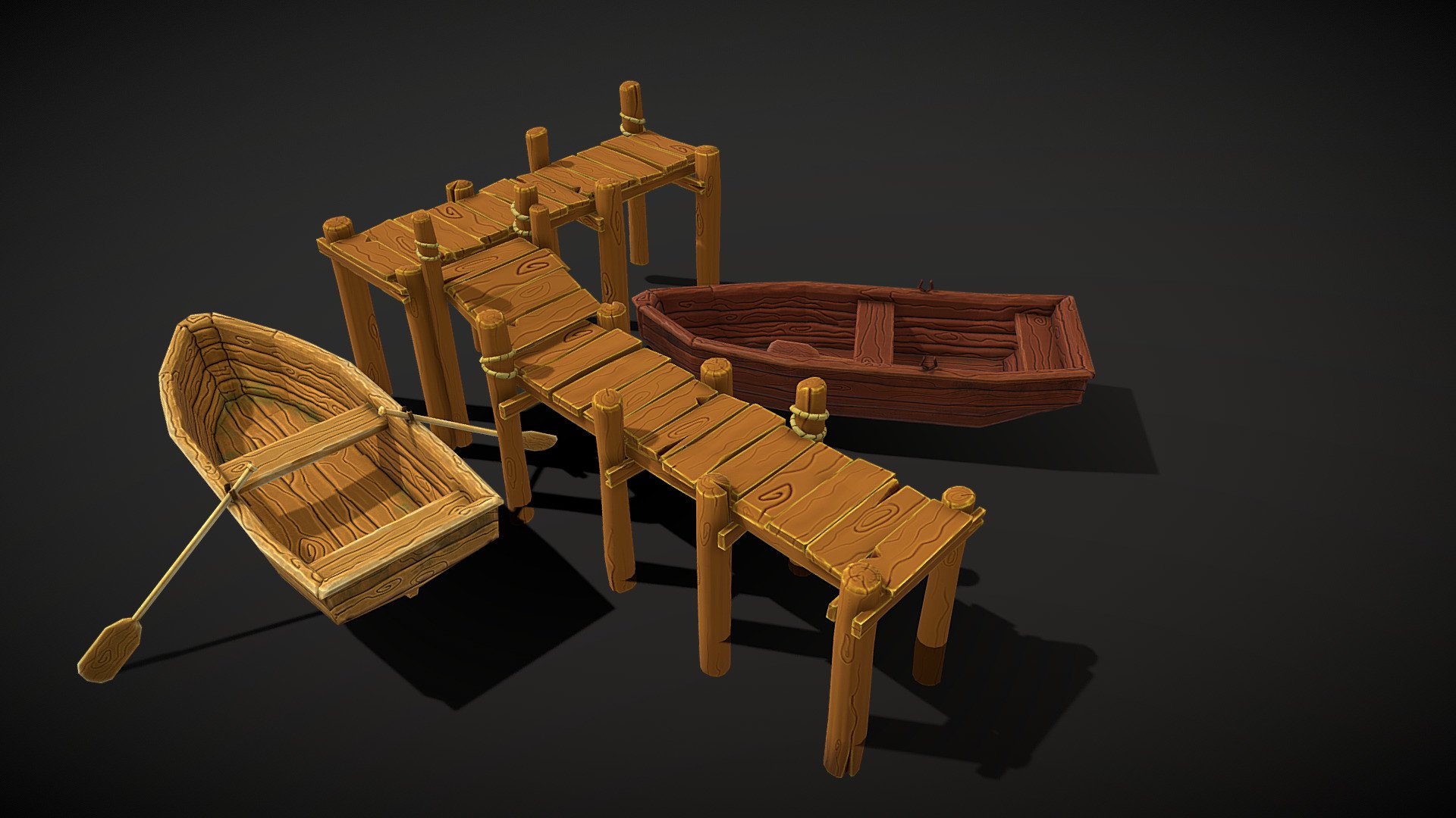 Stylized handpainted port harbor game asset with fishing pier and boats. Game ready asset for fisherman's village or seaside environment. 

Boat comes with 4K PNG Color, Roughness and Normal map textures. Color texture has lighter and darker wood shade. 

 Pier comes with 4k PNG textures of Color and Normal. 
 Blender .blen and .obj files are in zip archive 3d model