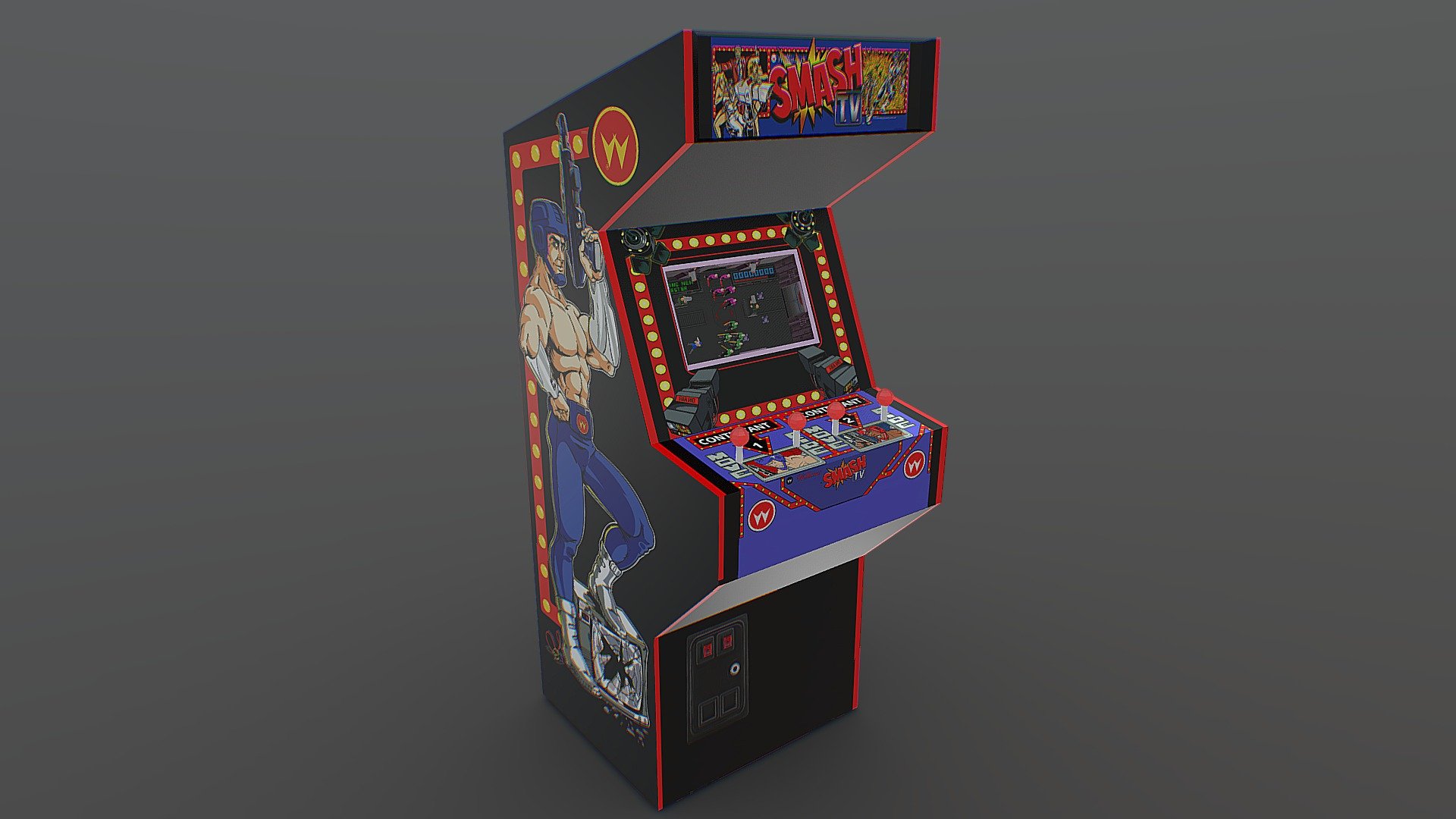 Working in blender I recreated a scene from Smash Tv. I then took that scene and put that in the arcade cabinet.

This was a fun project for the 

ArcadeGameChallenge
I'd buy that for a dollar! - Smash Tv #ArcadeGameChallenge - Download Free 3D model by Austin Beaulier (@Austin.Beaulier) 3d model