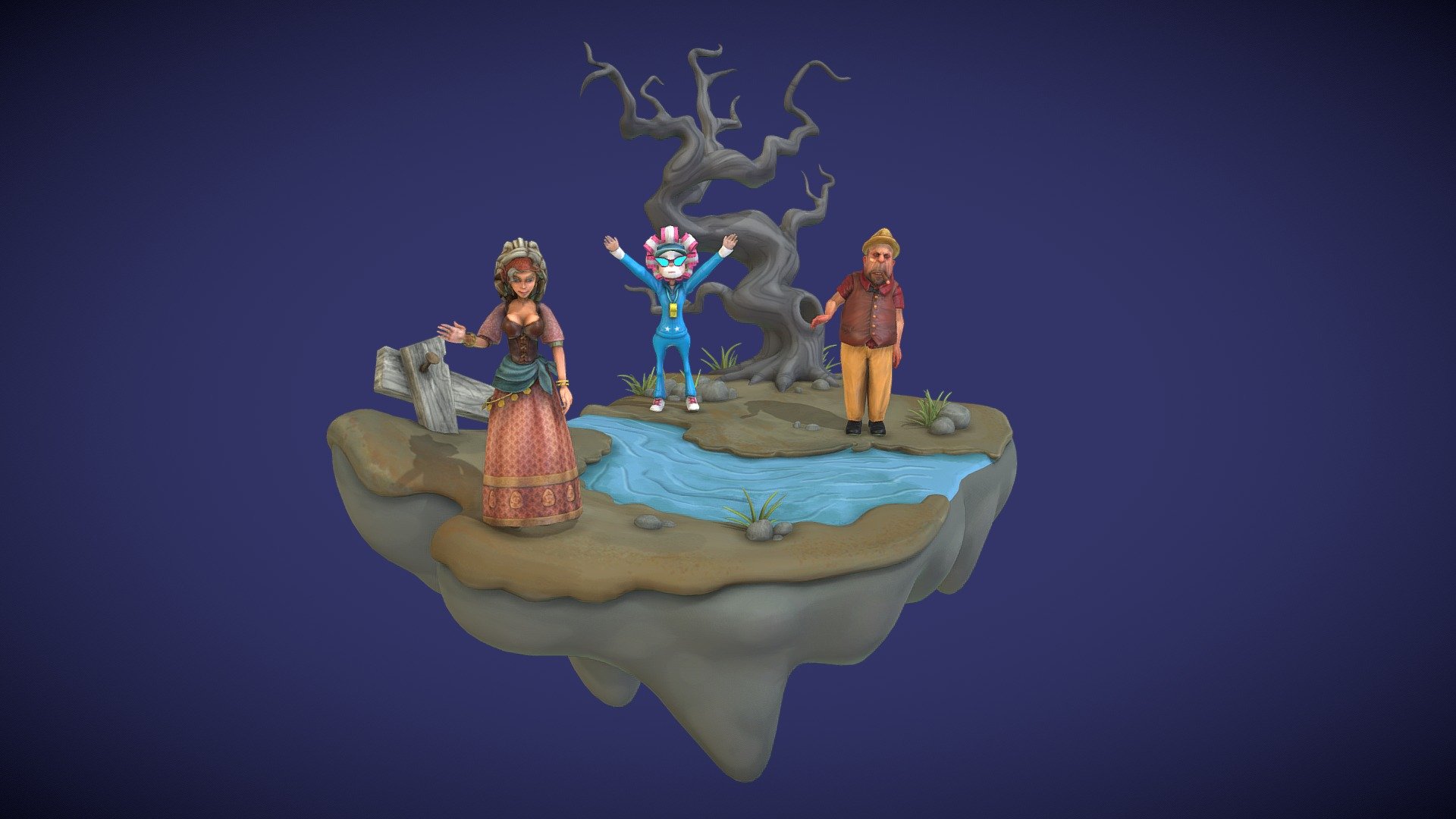 A Diorama with three Characters Waving in this looping animation at 30 frames per second 3d model