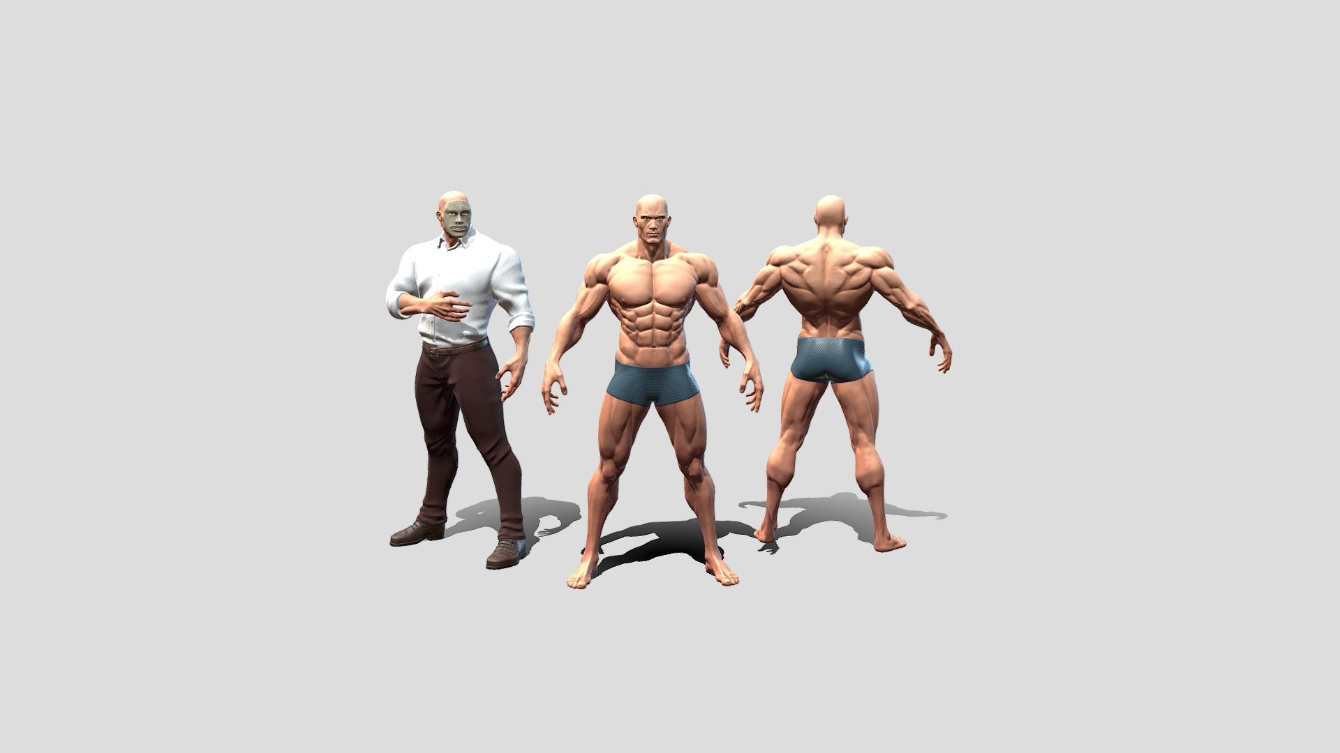 Big modular muscular male character, low-poly model , with horror mask Rigged (Humanoid Skeleton) and ready for games and other applications

They are archive with files for mesh textures and UE and Unity projects 

Video preview with demo animations test scene UE: https://www.youtube.com/watch?v=5vmdmVODtrQ

Muscular Male project includes:

Cllected and separated meshes for body and cloth +horror mask

PBR 4K textures for body and clothes and 2K textures for horror mask

3 Materials and 9 textures

Character height: 182 cm (5&lsquo;97 feet)

Vertex count: 19,200 vertices and clothes 14,500

Texture Resolutions: (body and clothes 4096x4096, mask 2048x2048)

Rigged for Unity (Humanoid Skeleton)

Rigged for UE (Epic skeleton) - Modular Muscular Male Game ready Low-poly - Buy Royalty Free 3D model by SakoSculpt 3d model