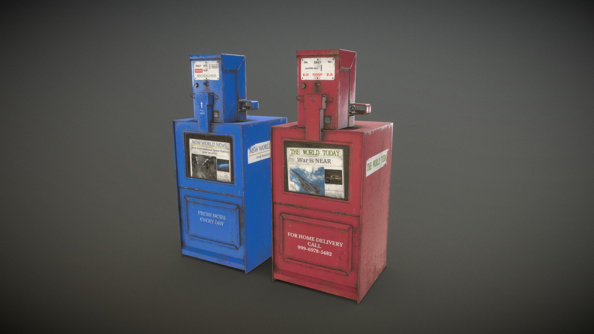 Game Ready Newspaper Dispenser:

Low poly 3d model of a Newspaper Dispenser with 4 PBR texture sets. 2 different colors and 2 levels of dirt on each:




Real-world scale and centered.

The unit of measurement used for the model is centimeters.

Polys: 517 (Converted to triangles: 1.022) - Each machine

Textured in Substance Painter.

All branding and labels are custom made.

2 PBR materials (blue and red) with 2 levels of dirt and 2048x2048 textures.

Provided Maps (cleand and dirty):




Albedo

Normal

Roughness

Metalness

AO

Formats Incuded - MAX / BLEND / OBJ / FBX / 3DS

All my models have an average texel density that ranges between 512 and 1024.

Other formats available upon request.

This model can be used for any game, film, personal project, etc. You may not resell or redistribute any content - Newspaper Dispenser - Low Poly - Buy Royalty Free 3D model by MSWoodvine 3d model