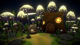 Small Blacksmith House mushroom, smith, scenery, firefly, night, nature, glow, treestump