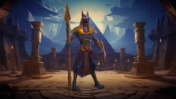 Stylized Anubis cat, rpg, dune, egypt, spear, warrior, desert, teeth, guard, sand, mmo, rts, fbx, combat, anubis, moba, character, handpainted, lowpoly, stone, creature, animation, stylized, fantasy, shield, magic