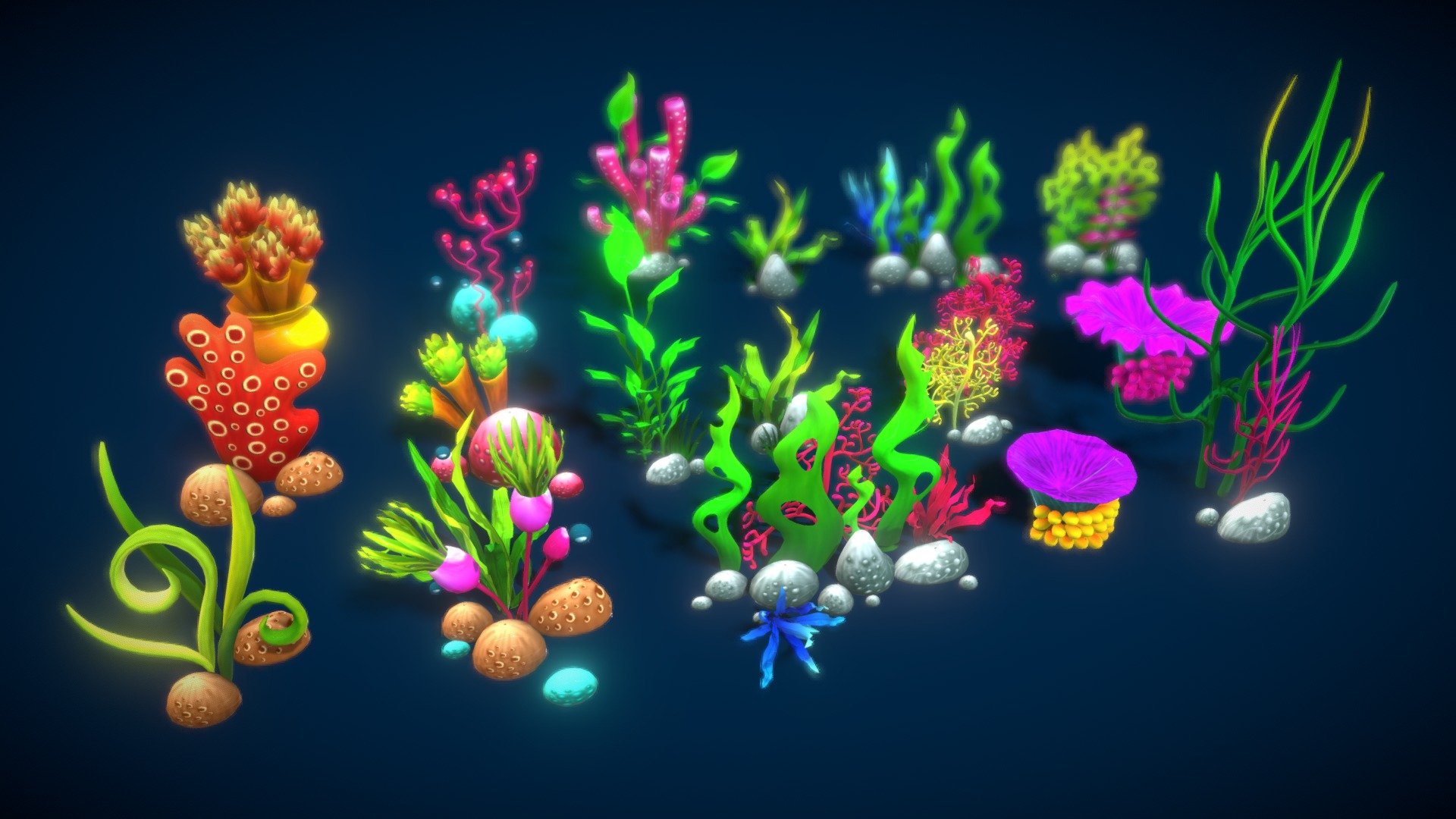 This is Cartoon Seaweed 7 is now available with animation for some coral!
As its name, this asset is extensively packed for easy creation of complex underwater environments.
All elements help you to create a colorful world for an aquarium game, fishing game, or simply decoration item in your social game!
Pack contains 17 +prefabs, easy to customize your own forest of underwater plants.
In detail, the model is attached as below:
- Seaweed : 17+ types in the 100+ variations
- Atlas texture with size 1024x1024.
- Geometry: +Triangles: 283860 +Polygons:145847 +Vertices: 149796 - Cartoon Seaweed 7 - Buy Royalty Free 3D model by vustudios 3d model