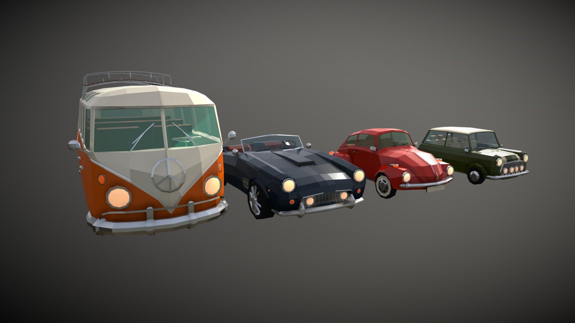 ● consists of:





Low Poly Camper Van 01




Low Poly Roadster




Low Poly City Car 01




Low Poly City Car 02



● available exchange formats: OBJ, FBX, 3DS

● ready to use for Virtual Reality, Augmented Reality and Game applications

● clean meshes 

Have fun with this collection :) - Low Poly Classic Car Pack - Buy Royalty Free 3D model by Linder-Media 3d model