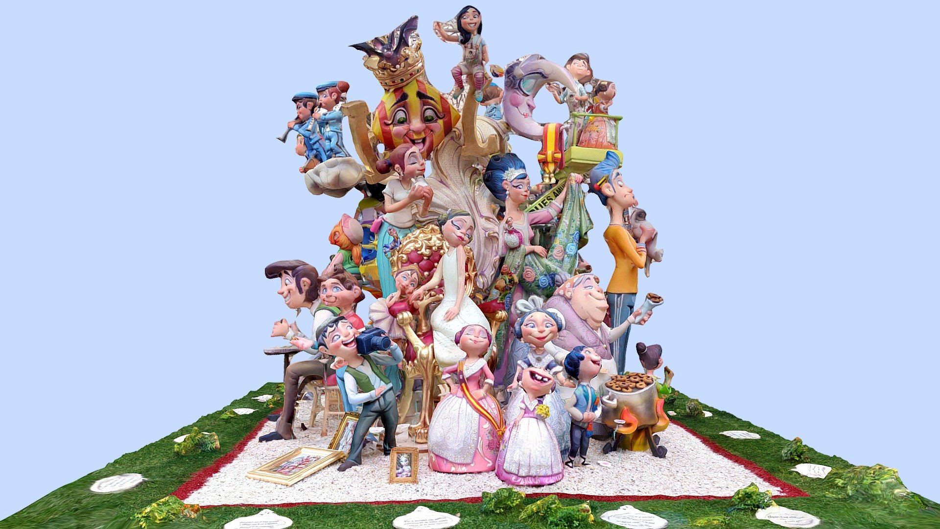 Fallas is a traditional celebration held annually in commemoration of Saint Joseph in the city of Valencia, Spain. The term refers to the celebration but also to the ephemeral monuments that are burnt the last night of the celebration. 
This Falla shows all the people that take part on the celebration, from the falleras, to the artists and firemen.
Generated by 188 pictures on a OnePlus 8

Created with Polycam - Falla infantil Almirante Cadarso 2022 - 3D model by Aupuma 3d model