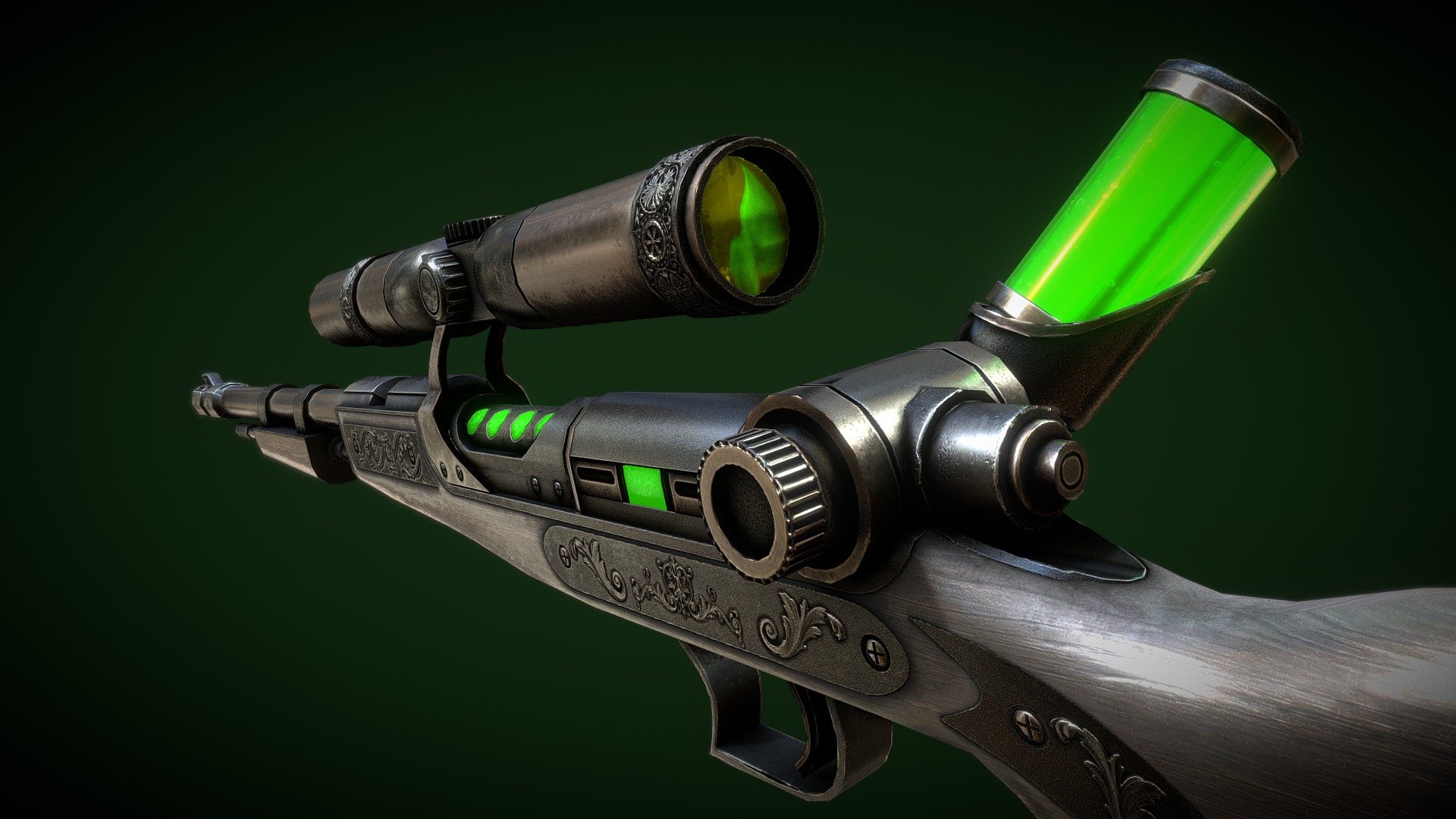 **Its like Steam Punk but with Acid :D **

Acid Sniper Rifle was made for the mobile game Wild Hunt for Ten Square Games. High Poly, retopology and uv-mapping made in Blender, textures in Substance Painter and Photoshop! - Acid Punk - Sniper Rifle - 3D model by 3dbogi 3d model