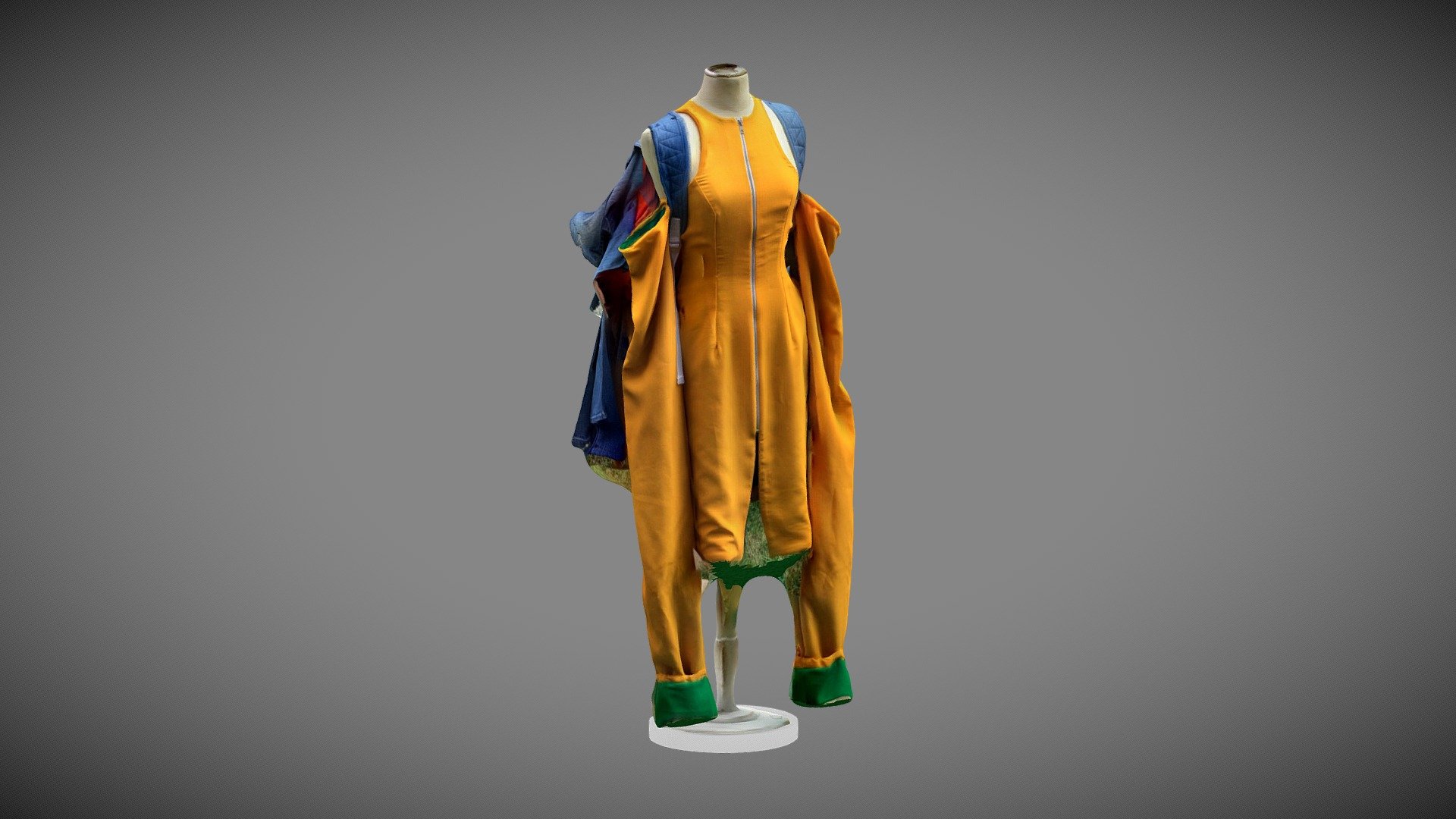 Fashion Collection Outfit 4 3D render. Yellow Cold Shoulder Dress with Green lining and Jeans feature Bag 3d model