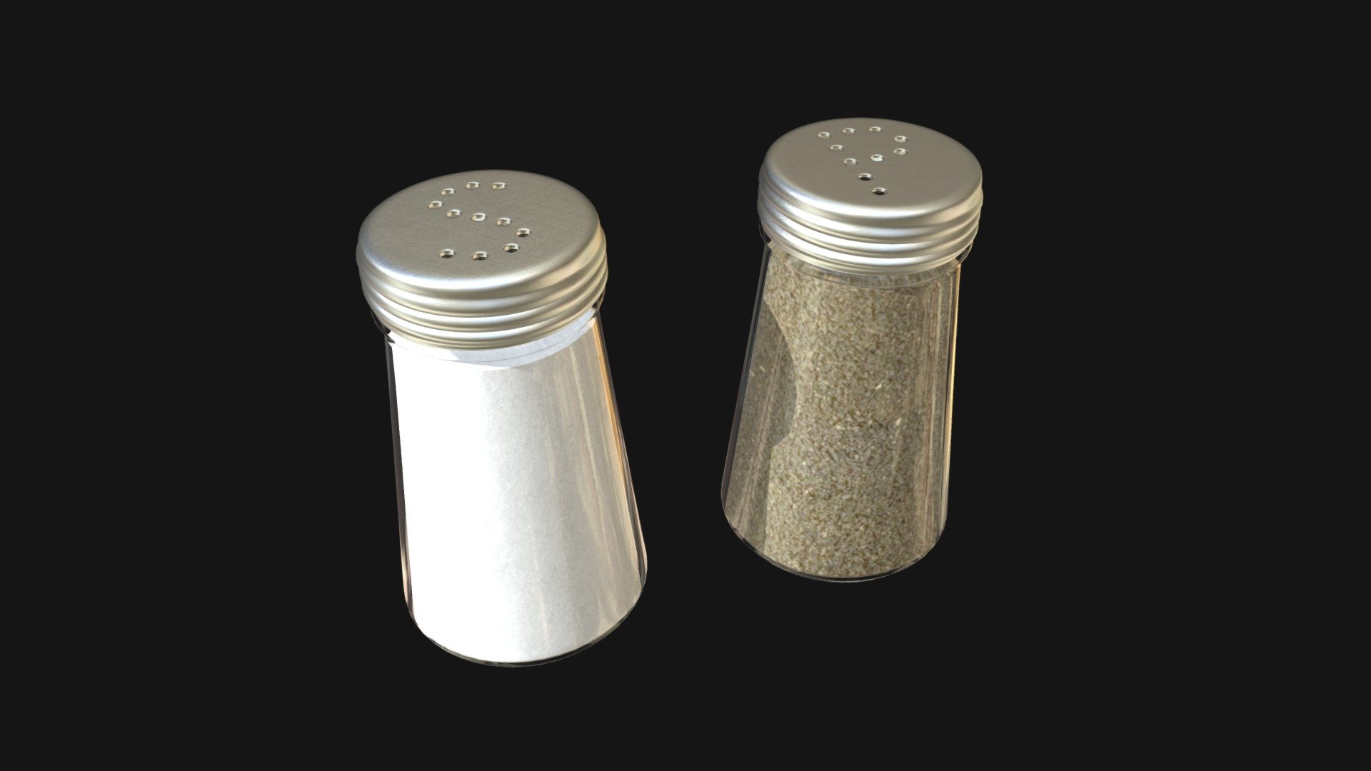 === The following description refers to the additional ZIP package provided with this model ===
Salt and pepper 3D Model, nr. 3 in my collection. 6 individual objects (2 containers, 2 covers, salt, pepper), sharing 2 non overlapping UV Layout maps, Materials (glass, other) and PBR Textures sets. Production-ready 3D Model, with PBR materials, textures, non overlapping UV Layout map provided in the package.
Quads only geometries (no tris/ngons).
Formats included: FBX, OBJ; scenes: BLEND (with Cycles / Eevee PBR Materials and Textures); other: png with Alpha.
6 Objects (meshes), 2 PBR Materials, UV unwrapped (non overlapping UV Layout map provided in the package); UV-mapped Textures.
UV Layout maps and Image Textures resolutions: 2048x2048; PBR Textures made with Substance Painter.
Polygonal, QUADS ONLY (no tris/ngons); 52514 vertices, 52544 quad faces (105088 tris).
Real world dimensions; scene scale units: cm in Blender 3.2 (that is: Metric with 0.01 scale).
Uniform scale object (scale applied in Blender 3.2) 3d model