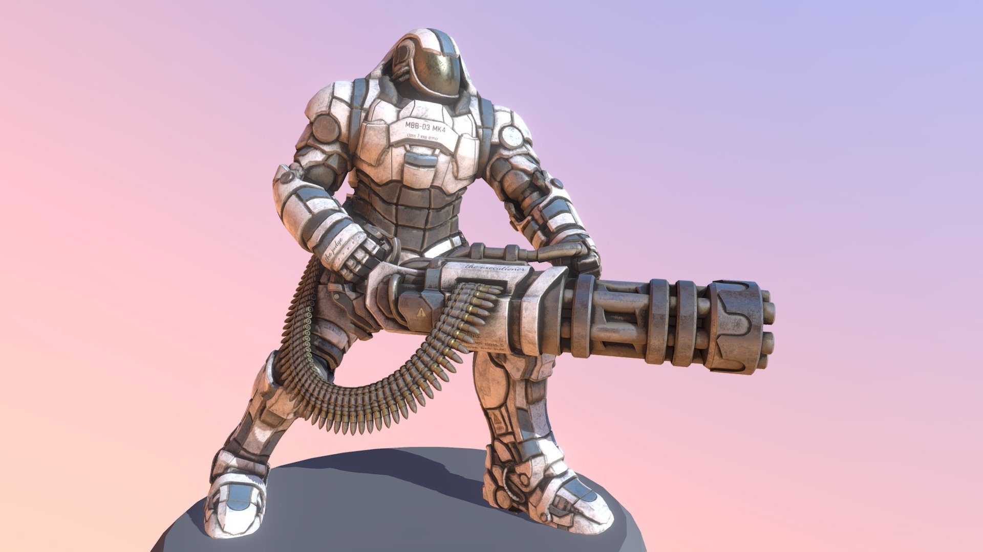 Modelled with blender and textured with substance painter.
Been working on this project for over two weeks now, started off in the train where i made the minigun parts and then decided to make a suit to carry it. i used concepts from random sources but mainly W.40k for the hands.
i still have other cool ideas for this suit so i might make another version of it soon with different weapons and poses :p

posted it on artstation too: https://www.artstation.com/artwork/oOoGzz - sci-fi heavy armor: MMB-03 Mk4 "Colossus" - 3D model by guillaume bolis (@guillaume.bolis) 3d model