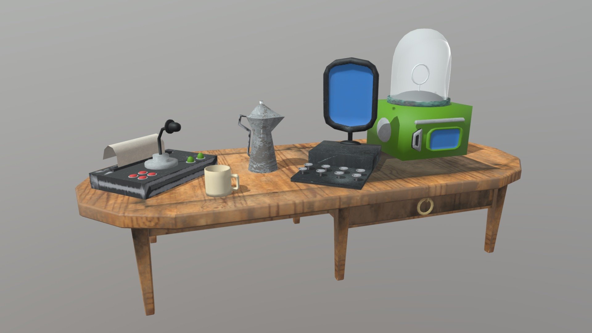 This is a low poly Cartoon Table. It is made in Autodesk Maya 2018 and texturized(with UVs), iluminated and rendered in Arnold 2018. It includes a wooden table and on it is a cup and coffemachine, a text machine with a microphone and some other objects. This model can be used for any type of work as: low poly or high poly project, videogame, render, video, animation, film&hellip;

This contains all the textures of the model. Also there is a .mb maya file , .obj and .fbx file

I hope you like it, if you have any doubt or any question about it contact me without any problem! I will help you as soon as possible, if you like it I will aprecciate if you could give your personal review! Thanks! - Cartoon Wood Table - Buy Royalty Free 3D model by Ainaritxu14 3d model