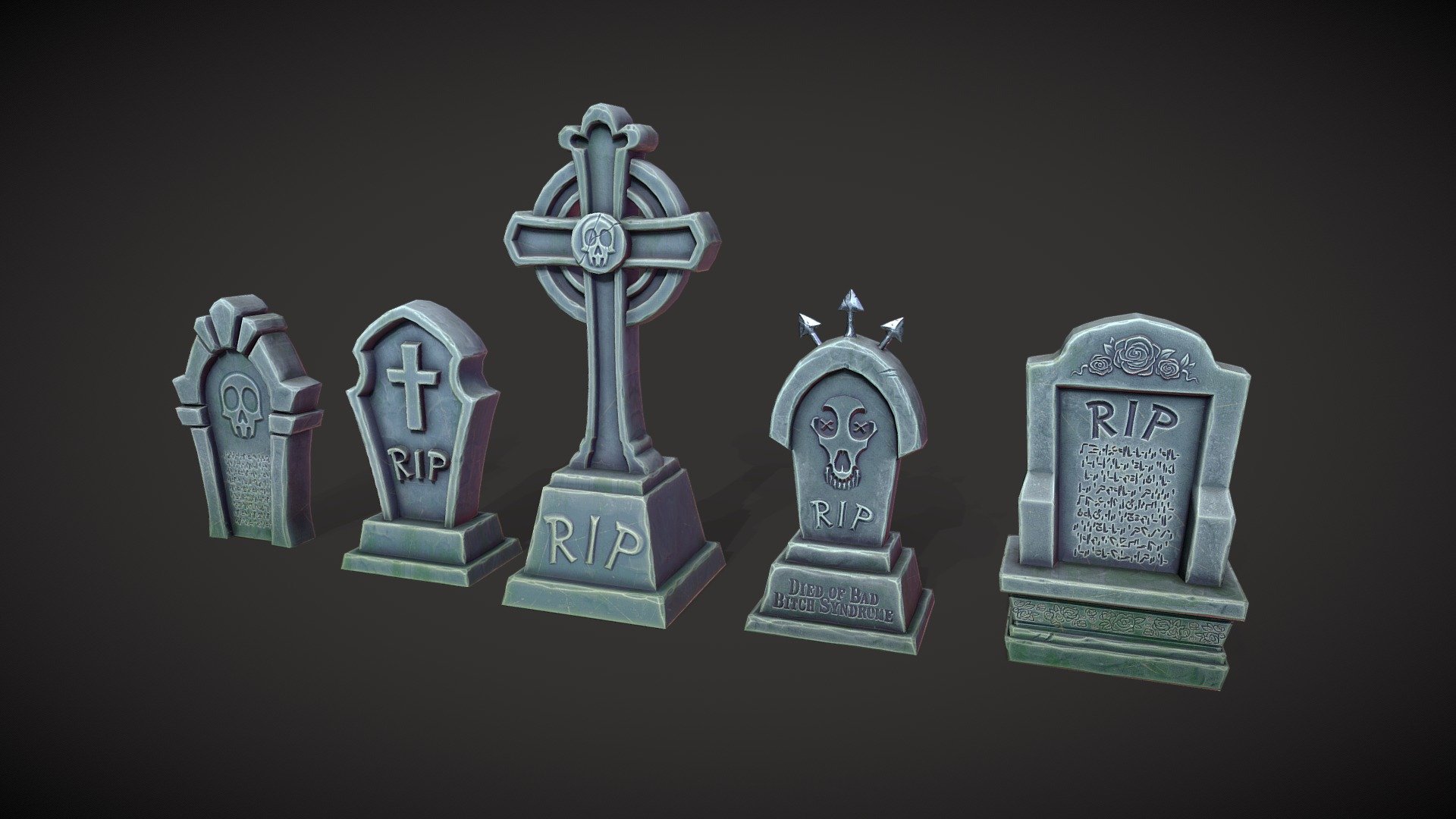Lowpoly gravestones.
* Texture: 2048x2048
* Texel Density: 5,12 px/cm 3d model