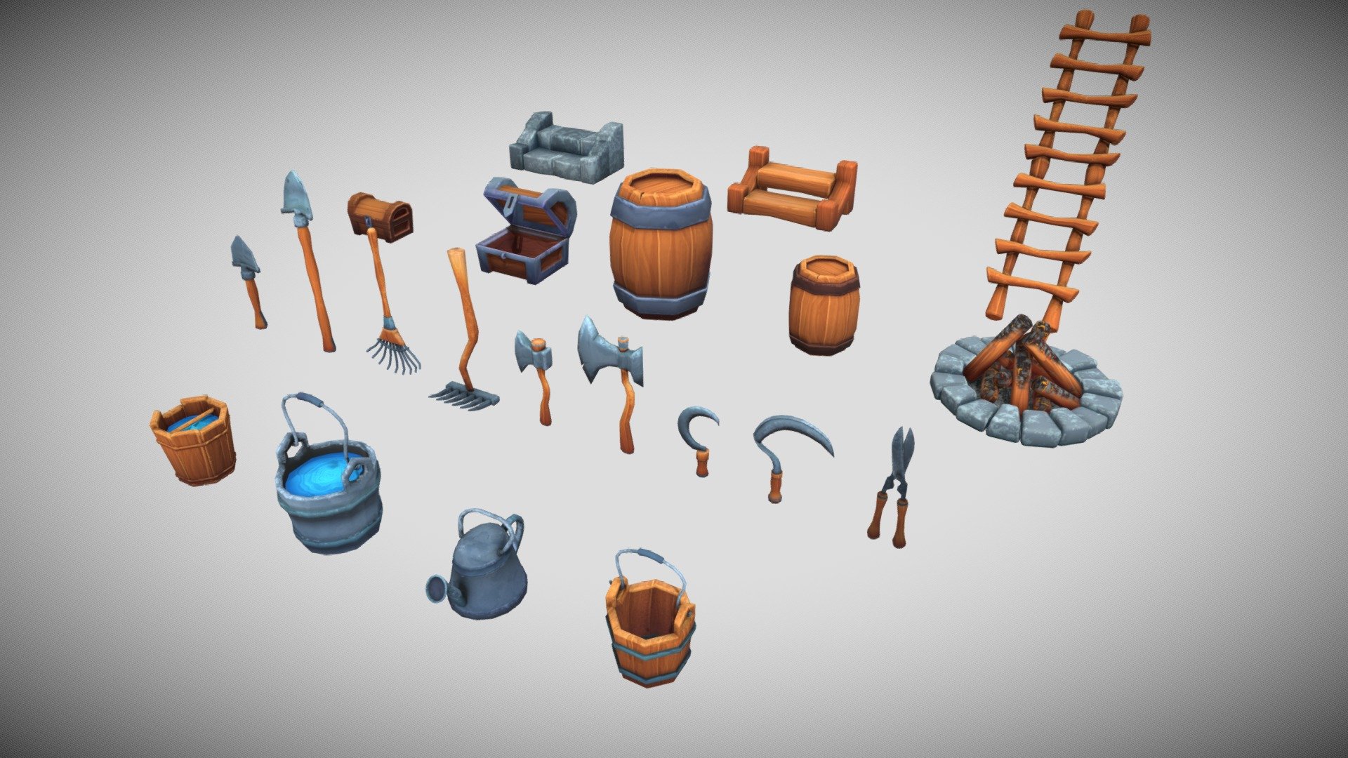 Collection includes 21 lowpoly stylized models with textures, colours &amp; materials. Contains all basic farm equipments.

4 - water bucket variations
2 -barrel variations
9 - essential hand tools
2- storage chest variations
3 - stairs and ladder variations (modular)
1 - fire place
All models contain optmised UV mapping with topology, textures and materials for direct use 3d model