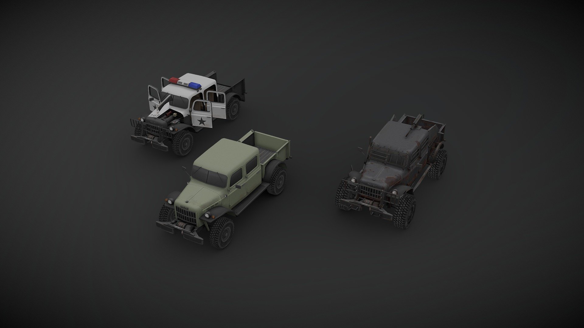 Showcase of a 1949 Dodge Power Wagon I’ve made for project ZOMBOID, low poly but with a high detail texture, optimized for game engine. This version is not a 100% true to the original since there are some compromises I’ve had to make to present it here.

You can find the actual version in project ZOMBOID STEAM Workshop 3d model