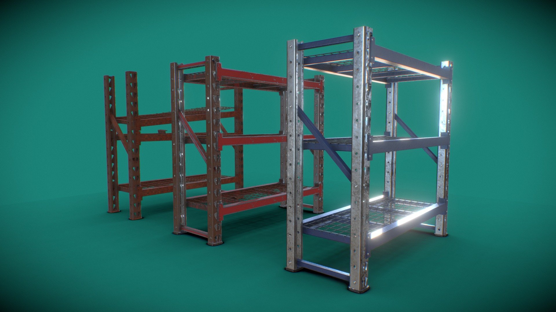 Short, industrial shelving in three strages of decay 3d model