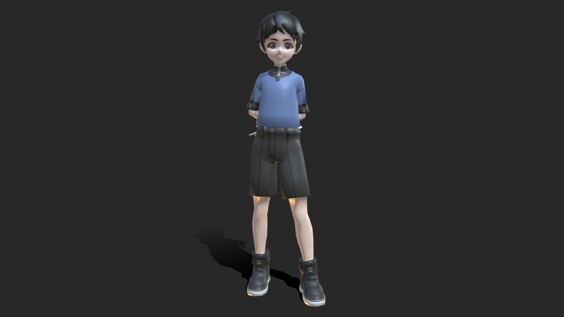 One model: 6691 triangles, 5657 vertices.

Three materials:





Body 2048x2048: color and metallic.







Face 2048x2048: color and metallic.







Hair: color (32x32) and metallic (1024x1024).



Rigged and animated with 82 clips

The rig type is Humanoid.

Three fingers hands.

Mouth not rigged.
 - Anime Boy - 3D model by Naoki Idaka (@NaokiIdaka) 3d model
