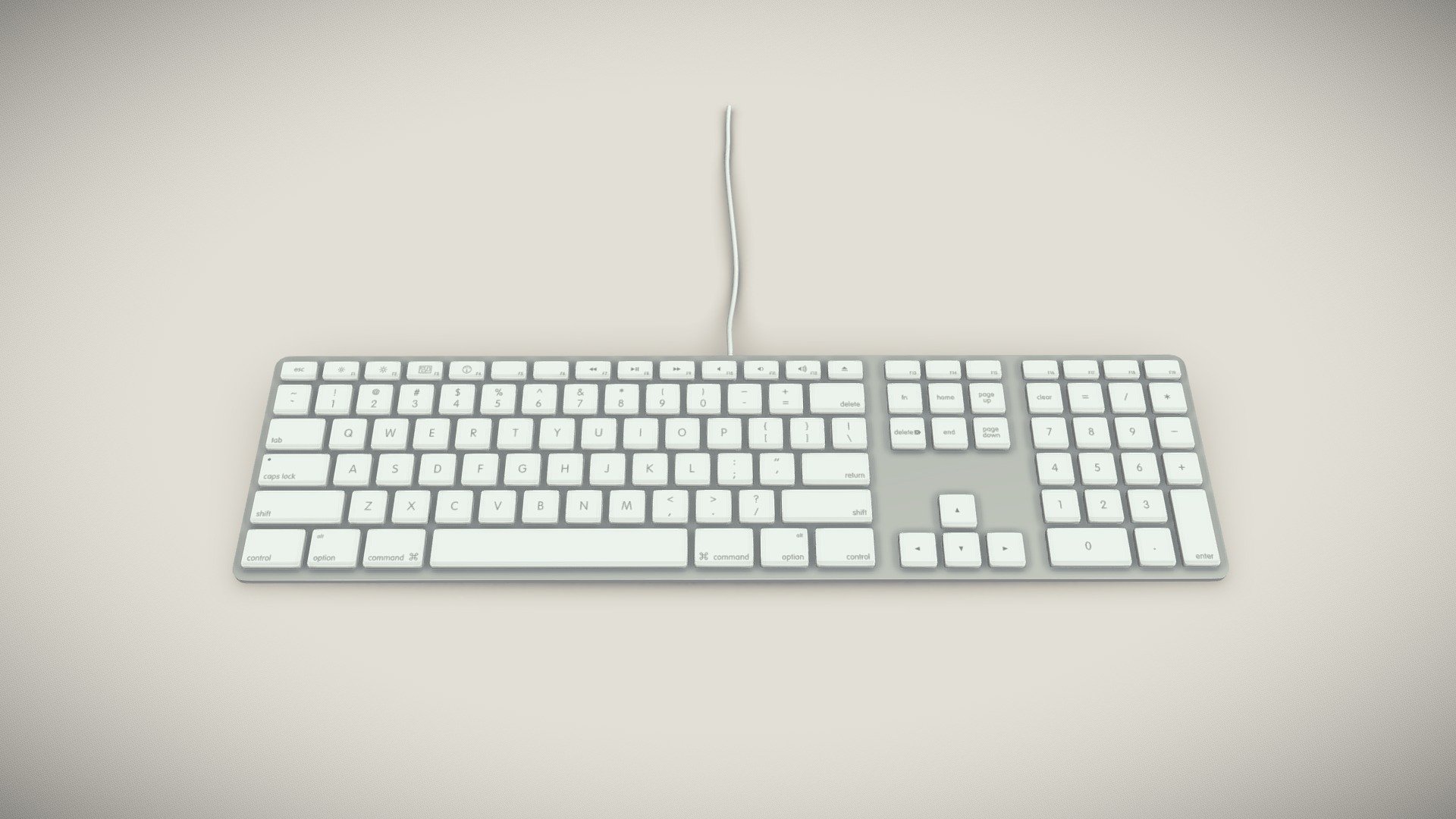 •         Let me present to you high-quality middle-poly 3D model Apple Keyboard MB110. Modeling was made with ortho-photos of real keyboard that is why all details of design are recreated most authentically.

•        The model uses 4 simple colored materials and 1 materials with 1 texture used as mask for sign. 

•        The total of the main textures is 1. Resolution of texture is 4096 pixels square aspect ratio in .png format. Also there is original texture file .PSD format in separate archive.

•   Polygon count of the model is – 10462.

•   The model has correct dimensions in real-world scale. All parts grouped and named correctly.

•   To use the model in other 3D programs there are scenes saved in formats .fbx, .obj, .DAE, .max (2010 version).

Note: If you see some artifacts on the textures, it means compression works in the Viewer. We recommend setting HD quality for textures. But anyway, original textures have no artifacts 3d model