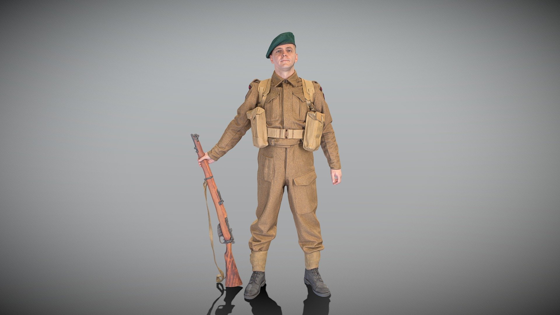 This is a true human size and detailed model of a British infantry character from 1940s. All props and suit are original. The model is captured in casual pose to be perfectly matching to variety of architectural visualization, background character, World War 2 reconstruction, performance, VR/AR content, etc.

Technical specifications:




digital double 3d scan model

150k &amp; 30k triangles | double triangulated

high-poly model (.ztl tool with 5 subdivisions) clean and retopologized automatically via ZRemesher

sufficiently clean

PBR textures 8K resolution: Diffuse, Normal, Specular maps

non-overlapping UV map

no extra plugins are required for this model

Download package includes a Cinema 4D project file with Redshift shader, OBJ, FBX, STL files, which are applicable for 3ds Max, Maya, Unreal Engine, Unity, Blender, etc. All the textures you will find in the “Tex” folder, included into the main archive.

3D EVERYTHING

Stand with Ukraine! - Soldier with gun 397 - Buy Royalty Free 3D model by deep3dstudio 3d model