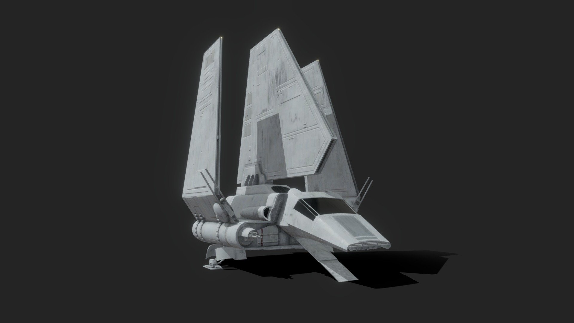 A low poly Lambda Shuttle, as seen in Star Wars Return of the Jedi, Empire Strikes Back (special edition), Rogue One, and The Mandalorian. A timeless design! Renders can be seen on my artstation.

This model is about 85% accurate, with fspy used on photos of the original miniature to double check the wing proportions, while the cockpit shape and angle is a cross between the miniature and the full-scale set. A few areas are slightly simplified to keep the poly count and complexity low (for example, the landing gear just clips into the body instead of having a modeled bay interior). Perfect for filling out a realtime imperial hangar bay. The model is not rigged but the moving parts are all separate objects with the correct pivots and parenting for easy rotating into flight mode 3d model