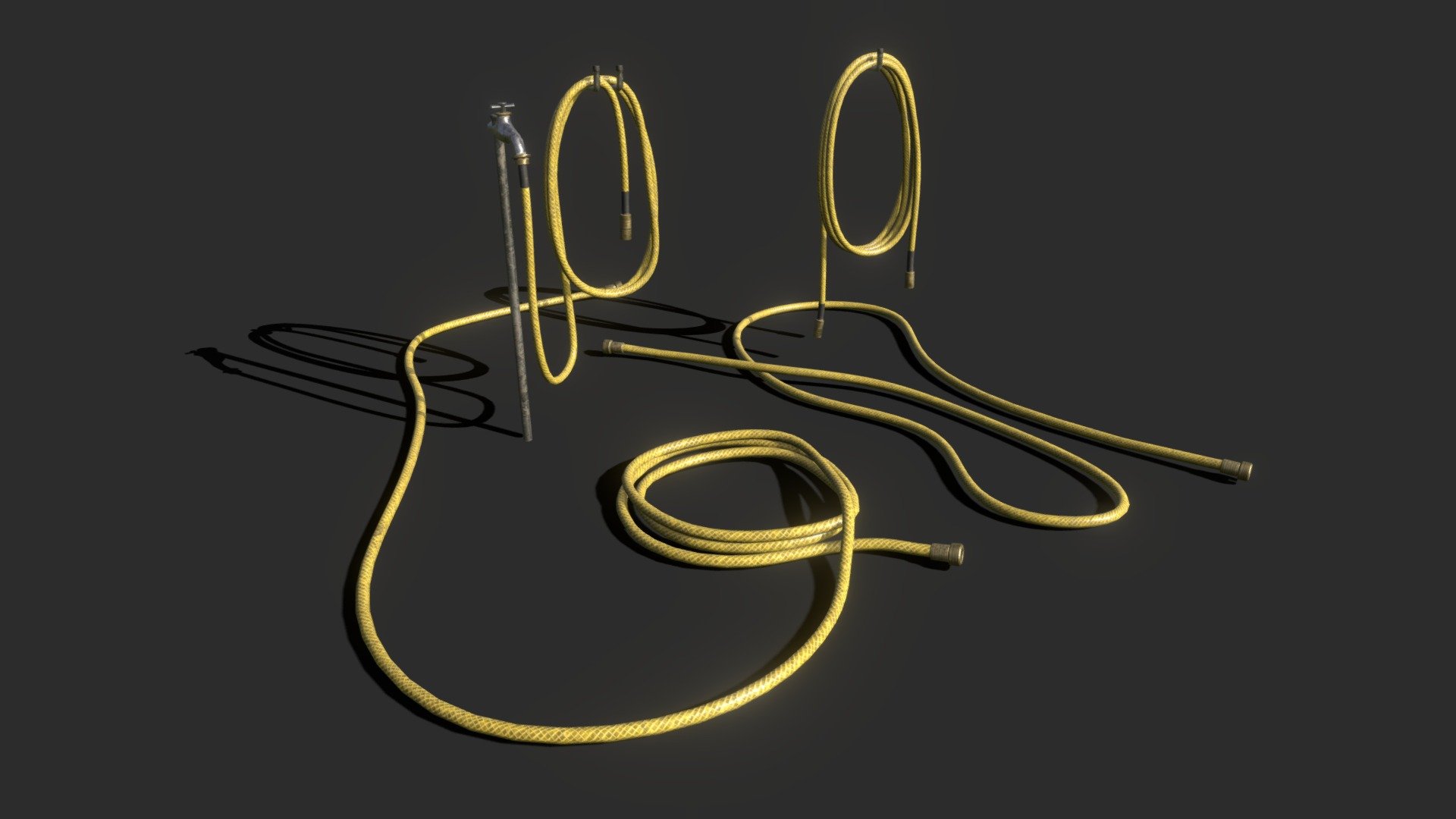 This garden hose models includes 4 LODs. This set includes 4 individual pipe assets. The 4 garden water tube equipments are ready for game and available in lowpoly and PBR ready. Also, the pack includes 4 color variations : Green, Yellow, Brown &amp; White.

This AAA game asset of flexible pipes will embellish you scene and add more details which can help the gameplay and the game-design.

Low-poly model &amp; Blender native 2.93

SPECIFICATIONS




Objects : 4

Polygons : 4212

Subdivision ready : No

Render engine : Eevee (Cycles ready)

GAME SPECS




LODs : Yes (inside FBX for Unity &amp; Unreal)

Numbers of LODs : 4

Collider : No

Lightmap UV : No

EXPORTED FORMATS




FBX

Collada

OBJ

TEXTURES




Materials in scene : 1

Textures sizes : 4K

Textures types : Base Color, Metallic, Roughness, Normal (DirectX &amp; OpenGL), Heigh &amp; AO (also Unity &amp; Unreal ARM workflow maps)

Textures format : PNG

GENERAL

Real scale : Yes
Scene objects are organized by groups - Water Garden Hose - Buy Royalty Free 3D model by KangaroOz 3D (@KangaroOz-3D) 3d model