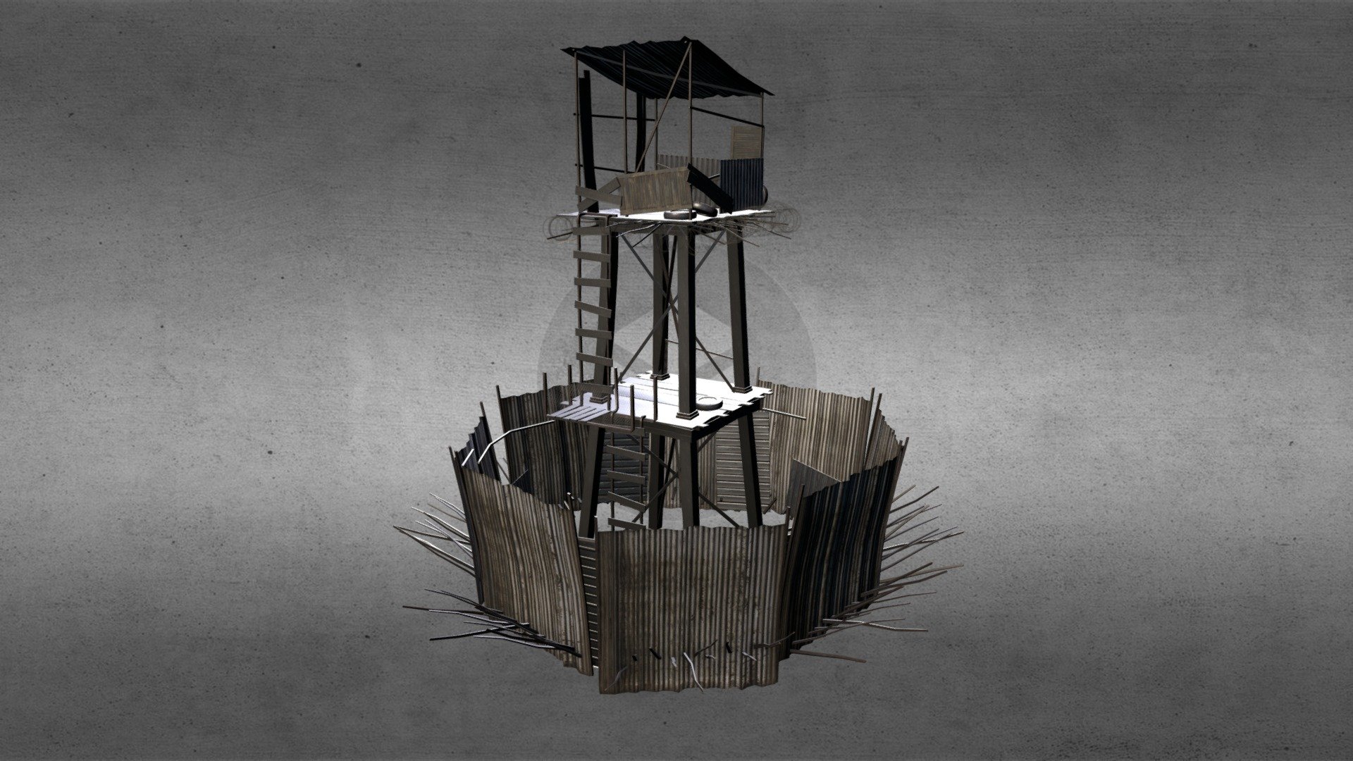 This tower was modelized using 3D Studio Max, in order to be an element for a little Post-Apocalyptic Tower Defense Game 3d model